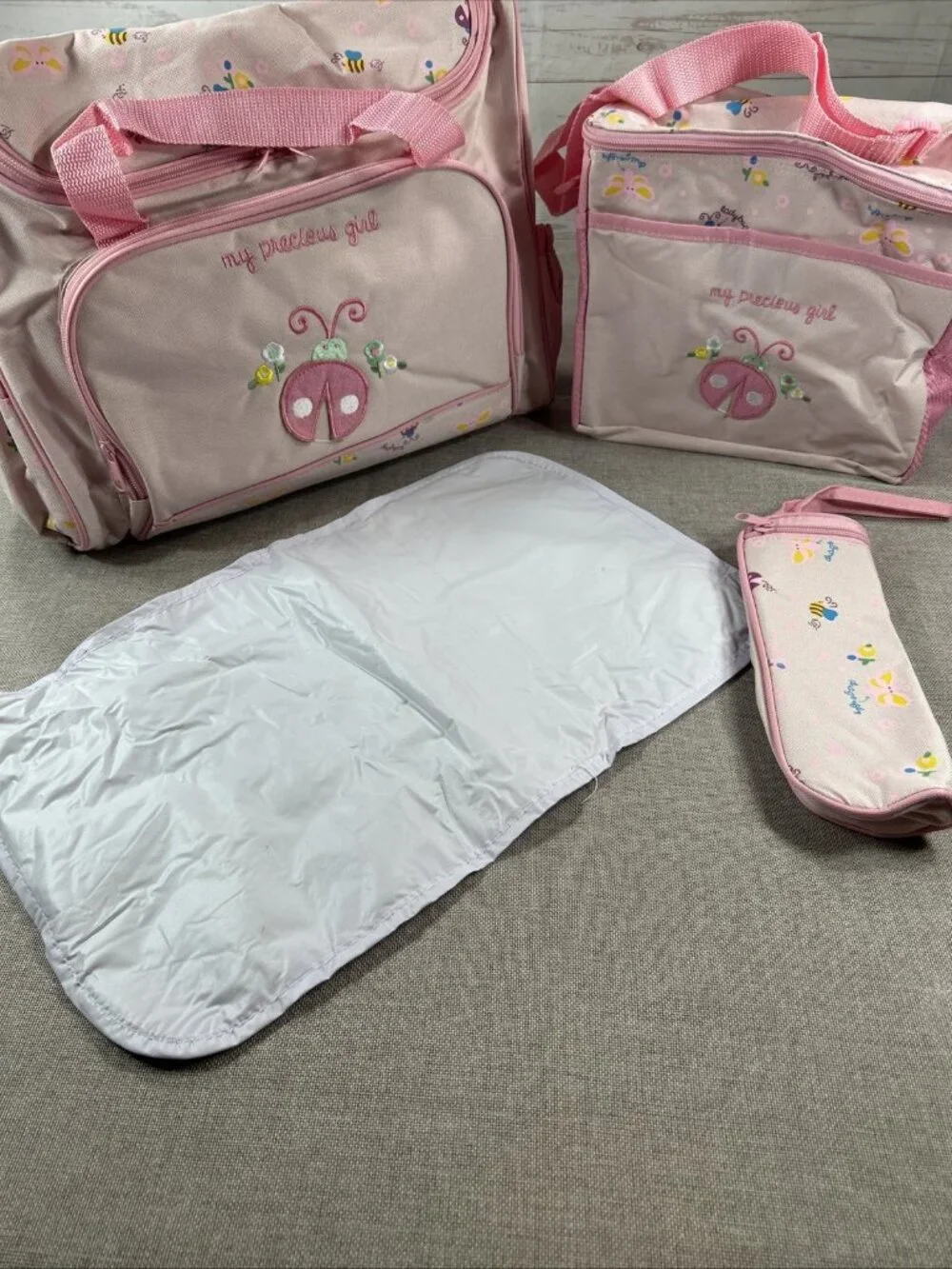 4 Pc Baby Nappy Diaper Bag Set Mother nursing lot my Precious Girl Pink Ladybug